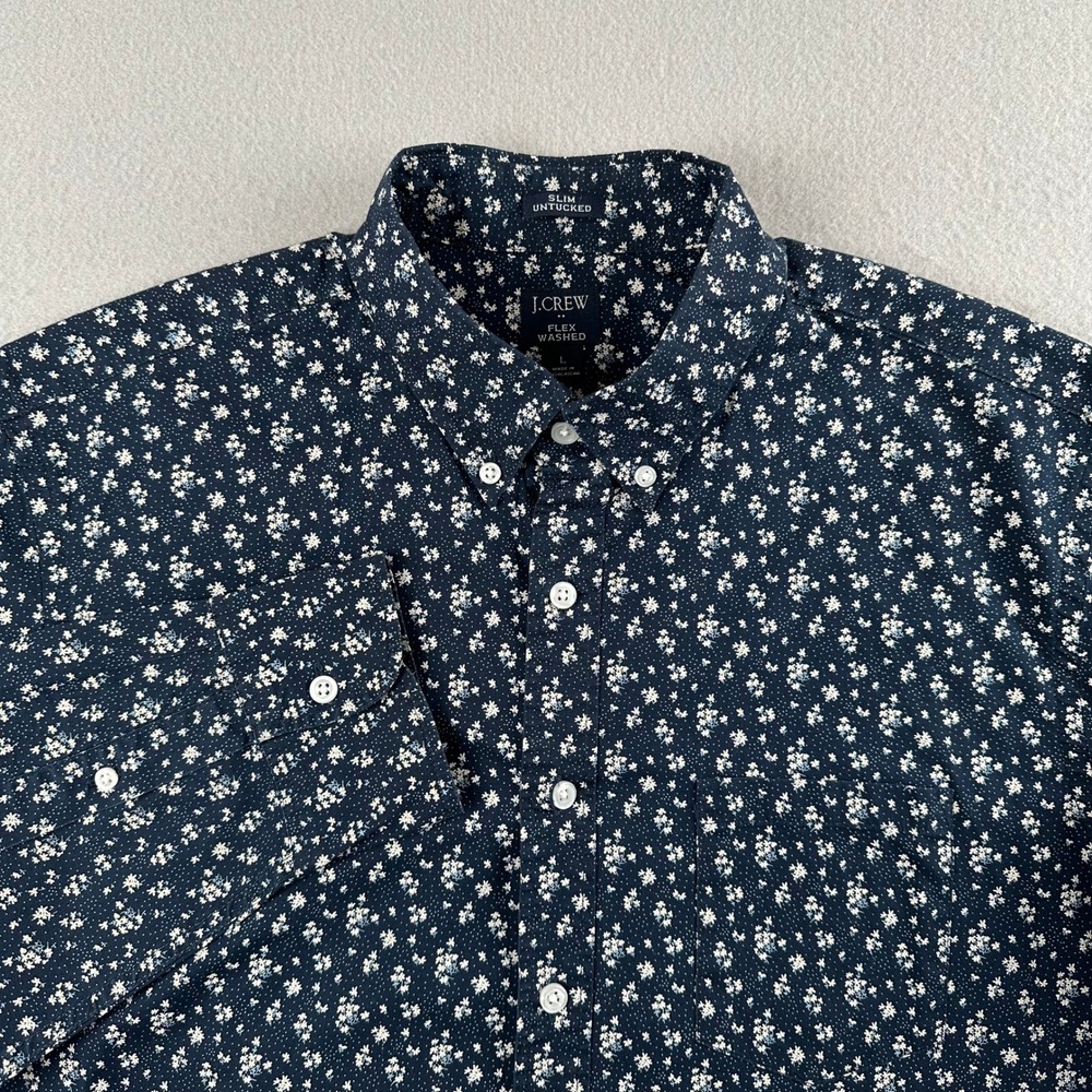 J.Crew Flex Washed Shirt Mens L Navy Blue Floral Slim Untucked BE212 Stretch